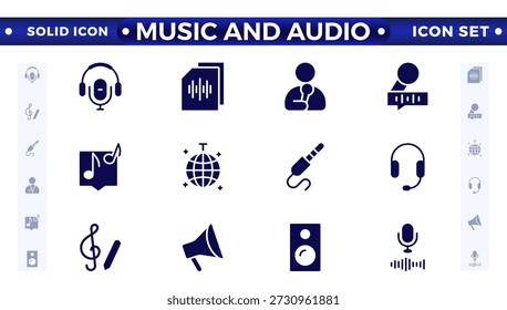 Music and Audio solid icons set. Media, camera, movie, voice, radio, music streaming, photography, headphones, cinema, podcast, broadcasting, content solid icon collection. 
