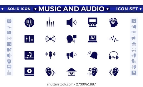 Music and Audio solid icons set. Media, camera, movie, voice, radio, music streaming, photography, headphones, cinema, podcast, broadcasting, content solid icon collection. 
