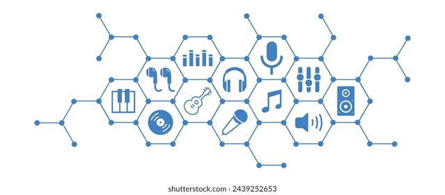 Music , audio , sound vector illustration. Blue concept with icons related to media , studio production recording, listening to music with headphones or earphones, musical equipment and technology