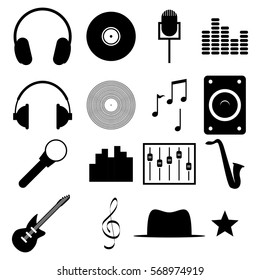 Music and Audio Studio Vectors Dark Shapes Set