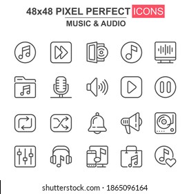 Music and audio thin line icon set. Player, mixer, equalizer, headphone, loudspeaker, record, microphone unique icons. Outline vector bundle for UI UX design. 48x48 pixel perfect linear pictogram pack