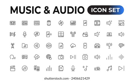 music and audio universal thin line icons set on white, minimalistic, flat Set of thin line web icon set, simple outline icons collection, Pixel Perfect icons, Simple vector illustration.
