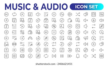 music and audio universal thin line icons set on white, minimalistic, flat Set of thin line web icon set, simple outline icons collection, Pixel Perfect icons, Simple vector illustration.
