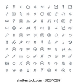 music, audio universal thin line 100 icons set on white background, sound, minimalistic, flat