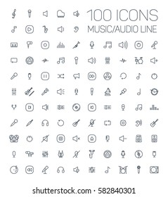 music, audio universal thin line 100 icons set on white background, sound, minimalistic, flat