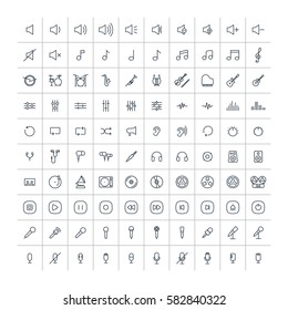 music, audio universal thin line 100 icons set on white background, sound, minimalistic, flat