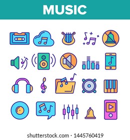 Music, Audio Vector Thin Line Icons Set. Music Listening Apps, Audio Files Storage Linear Pictograms. Old, Modern Voice Recording Technology. Speakers, Mute Mode, Settings Contour Illustrations