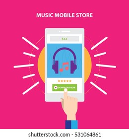 Music Audio Website Store. Responsive mobile commerce transaction. Finger Hand touch screen in mobile purchase.