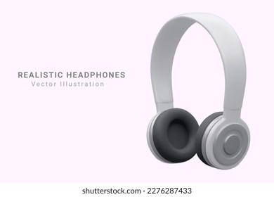 Music audio white headphones. Modern audio headset. Realistic 3d design . Icon isolated on white background. Vector illustration.