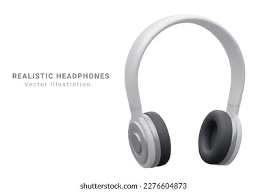 Music audio white headphones. Modern audio headset. Realistic 3d design . Icon isolated on white background. Vector illustration.