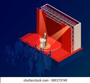 Music award ceremony isometric dark blue background poster with  winner onstage speech in red spotlights vector illustration