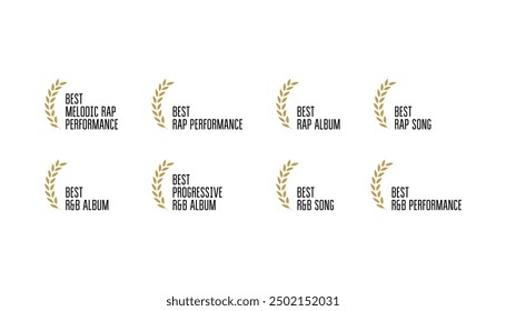 Music award logo vector set: rap and rnb song, album, performance of the year. Golden badge collection with wreaths for winner