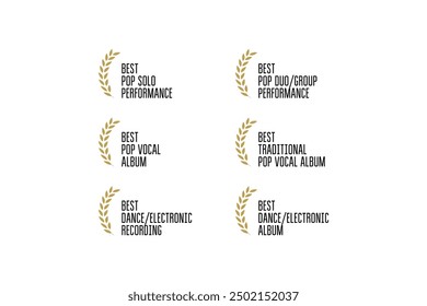 Music award logo vector set: pop and dance song, album, recording, solo or group performance of the year. Golden badge collection with wreaths for winner