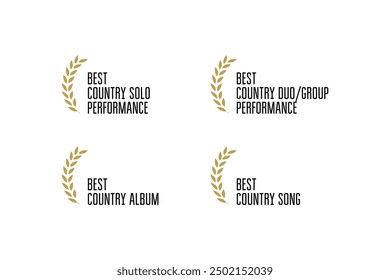 Music award logo vector set: country song, album, solo or duo performance of the year. Golden badge collection with wreaths for winner