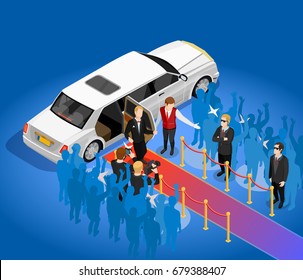 Music award night ceremony celebrity arriving scene with limousin red carpet and paparazzi isometric poster vector illustration 