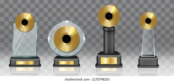 Music award realistic vector mockup isolated set on transparent background. Glass golden top charts audio discs reward. Songs and singers prize illustration