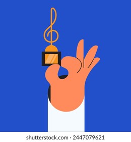 Music Awards. Hand of singer holds Musical note shape golden trophy. Flat vector illustration.