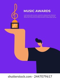 Music Awards. Man holds Musical Note shape golden trophy. Flat vector illustration.