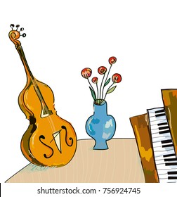 Music bacgkround with cello and piano, hand drawn design, vector graphic illustration