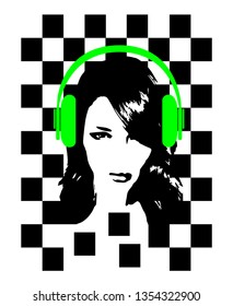 Music backgorund with a girl and headphone beats, neon green color and black and white cubes, vector illustration