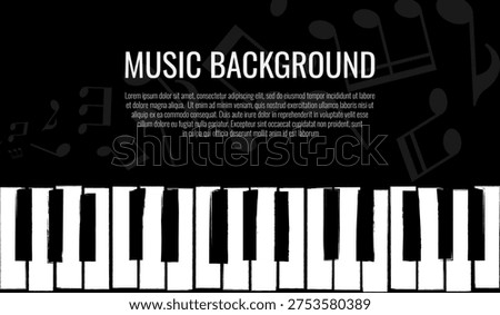 Music background with abstract distorted piano keys and music notes. Vector illustration