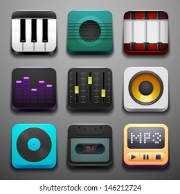 Music background for the app icons, set stylized instrument and audio equipment, vector illustration