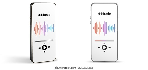 Music background. Audio beats, sound headphones, music application on mobile smartphone screen. Audio voice with radio beats isolated on white. Recording studio or podcasting banner with copy space.