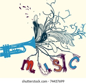  music background with a bright trumpet and fantasy plants with  rich cartoon letters