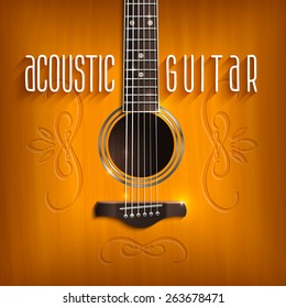 Music background with brown acoustic guitar with ornament vector illustration