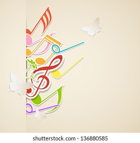 Music background with butterflies and paper notes