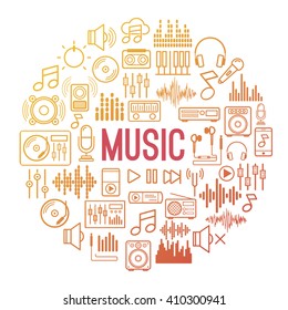 Music background with color icons line style isolated on white background. Vector design elements, business signs, logos, identity and other branding objects for your business. Vector Illustration