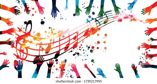 Fondo musical con colorido G-clef, notas musicales y diseño de ilustraciones vectoriales manos. Afiche del festival de música artística, conciertos en directo, folletos, notas musicales y símbolos
