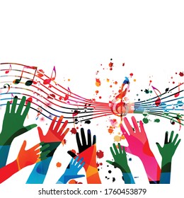 Music background with colorful G-clef, music notes and hands vector illustration design. Artistic music festival poster, live concert events, party flyer, music notes signs and symbols