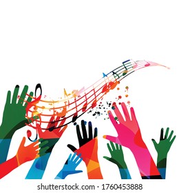 Music background with colorful G-clef, music notes and hands vector illustration design. Artistic music festival poster, live concert events, party flyer, music notes signs and symbols