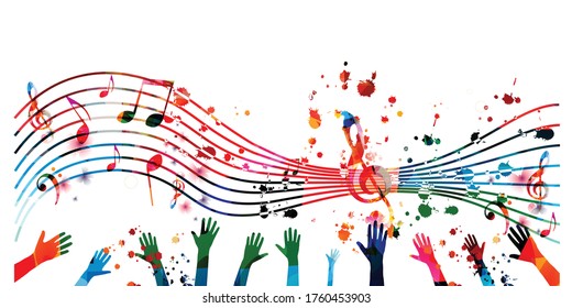 Music background with colorful G-clef, music notes and hands vector illustration design. Artistic music festival poster, live concert events, party flyer, music notes signs and symbols