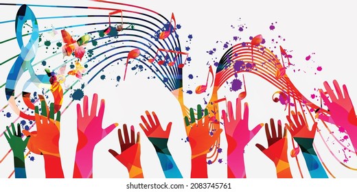 Music background with colorful G-clef, music notes and hands vector illustration design. Artistic music festival poster, live concert events, party flyer, music notes signs and symbols