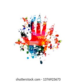 Music background with colorful human hand and music notes vector illustration design. Artistic music festival poster, live concert events, party flyer, music notes signs and symbols, composing