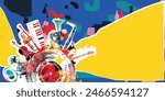 Music background with colorful music instruments and vinyl record disc vector illustration. Music festival poster with double bell euphonium, violoncello, trumpet, piano, euphonium, sax and guitar.