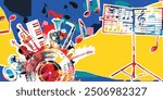 Music background with colorful music instruments and vinyl record disc vector illustration.