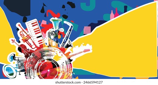 Music background with colorful music instruments and vinyl record disc vector illustration. Music festival poster with double bell euphonium, violoncello, trumpet, piano, euphonium, sax and guitar.