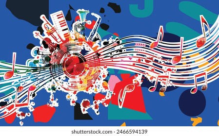 Fondo musical con coloridos instrumentos musicales y Ilustración vectorial de discos de vinilo. Afiche del festival de música con eufonio de doble campana, violoncello, trompeta, piano, eufonio, saxo y guitarra.