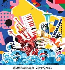 Music background with colorful music instruments and vinyl record disc vector illustration. Music festival poster with double bell euphonium, violoncello, trumpet, piano, euphonium, sax and guitar
