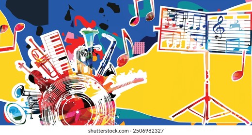 Music background with colorful music instruments and vinyl record disc vector illustration.