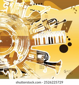 Plano de fundo musical com instrumentos musicais coloridos e vinil gravar disco vetor ilustração. Cartaz do festival de música com sino duplo euphonium, violoncelo, trompete, piano, euphonium, sax e guitarra