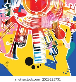 Plano de fundo musical com instrumentos musicais coloridos e vinil gravar disco vetor ilustração. Cartaz do festival de música com sino duplo euphonium, violoncelo, trompete, piano, euphonium, sax e guitarra