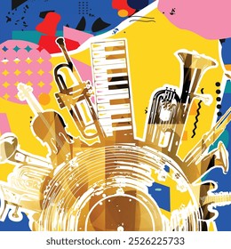 Plano de fundo musical com instrumentos musicais coloridos e vinil gravar disco vetor ilustração. Cartaz do festival de música com sino duplo euphonium, violoncelo, trompete, piano, euphonium, sax e guitarra