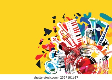 Music background with colorful music instruments and vinyl record disc vector illustration. Music festival poster with double bell euphonium, violoncello, trumpet, piano, euphonium, sax and guitar