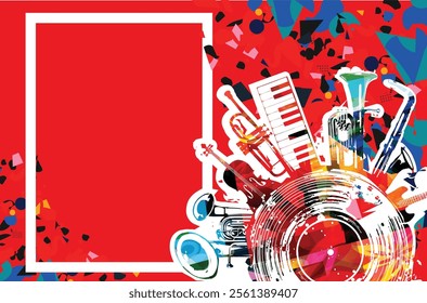  Music background with colorful music instruments and vinyl record disc vector illustration. Music festival poster with double bell euphonium, violoncello, trumpet, piano, euphonium, sax and guitar