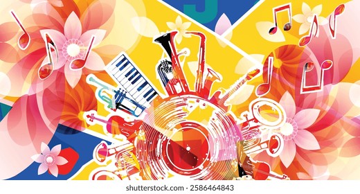 Music background with colorful music instruments and vinyl record disc vector illustration. Music festival poster with double bell euphonium, violoncello, trumpet, piano, euphonium, sax and guitar