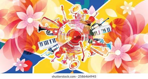 Music background with colorful music instruments and vinyl record disc vector illustration. Music festival poster with double bell euphonium, violoncello, trumpet, piano, euphonium, sax and guitar